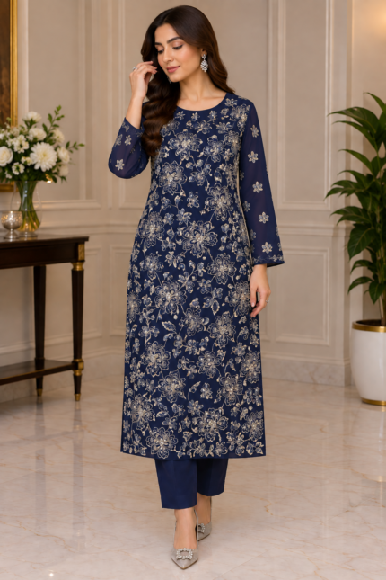 Navy blue Shafoon 3-piece unstitched suit with floral handwork front