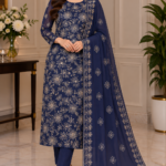 Navy blue Shafoon 3-piece suit with floral embroidered dupatta