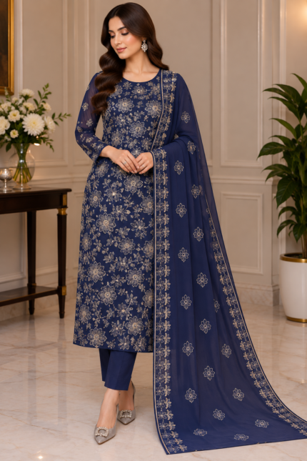 Navy blue Shafoon 3-piece suit with floral embroidered dupatta