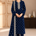 Navy blue embroidered velvet 3-piece unstitched suit with golden neckline embroidery, matching dupatta, and trousers.