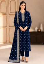 Navy blue embroidered velvet 3-piece unstitched suit with golden neckline embroidery, matching dupatta, and trousers.