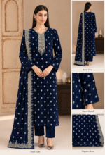 Navy blue embroidered velvet 3-piece unstitched suit with golden neckline embroidery, matching dupatta, and trousers.