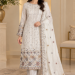 Off White Sheesha Silk 3 piece Pakistani suit with beadwork kameez, separate attached neckline, matching dupatta and plain trouser