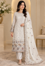 Off White Sheesha Silk 3 piece Pakistani suit with beadwork kameez, separate attached neckline, matching dupatta and plain trouser