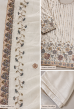 Off White Sheesha Silk 3 piece Pakistani suit with beadwork kameez, separate attached neckline, matching dupatta and plain trouser