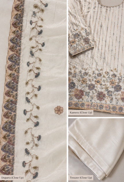 Off White Sheesha Silk 3 piece Pakistani suit with beadwork kameez, separate attached neckline, matching dupatta and plain trouser