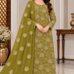 Olive green chiffon handmade 3 piece suit with embroidered dupatta
