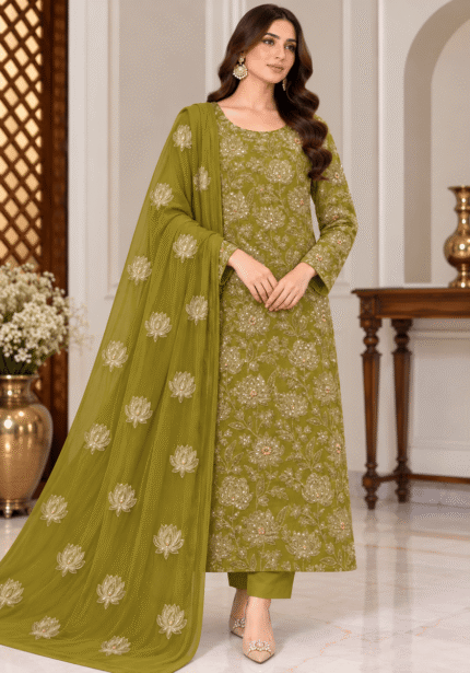 Olive green chiffon handmade 3 piece suit with embroidered dupatta