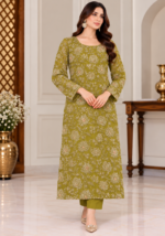 Olive green chiffon embroidered shirt front without dupatta