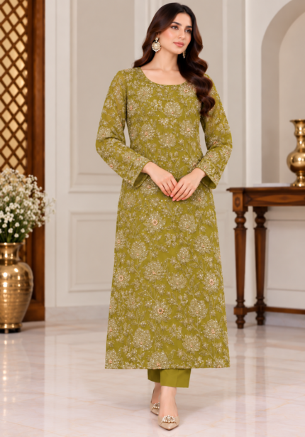 Olive green chiffon embroidered shirt front without dupatta