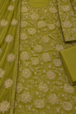 Olive green chiffon handwork unstitched suit fabric closeup