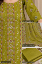 Olive green grip shirt embroidery chiffon dupatta and trouser fabric close up