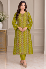 Olive green grip 3 piece suit with embroidered shirt and matching trousers