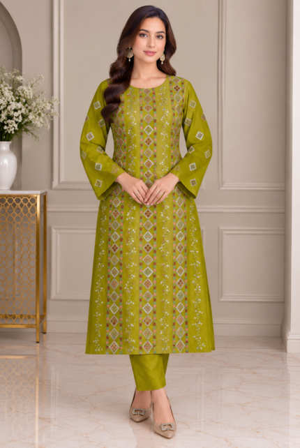 Olive green grip 3 piece suit with embroidered shirt and matching trousers
