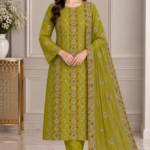 Olive green grip suit with matching chiffon dupatta and embroidered border