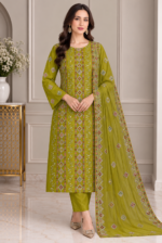 Olive green grip suit with matching chiffon dupatta and embroidered border