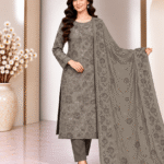 Olive grey silk 3 piece suit with floral embroidery and matching chiffon dupatta front pose