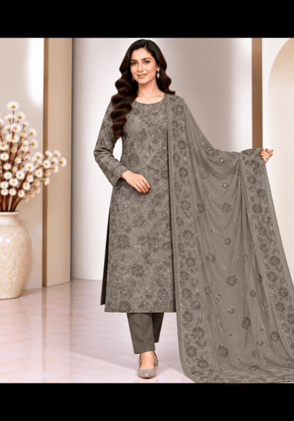 Olive grey silk 3 piece suit with floral embroidery and matching chiffon dupatta front pose