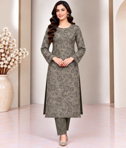 Olive grey silk embroidered shirt with floral pattern and matching trouser front view