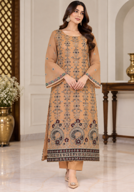 Peach chiffon embroidered handwork shirt front without dupatta