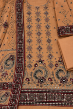 Peach chiffon handwork unstitched fabric closeup with embroidered shirt and dupatta