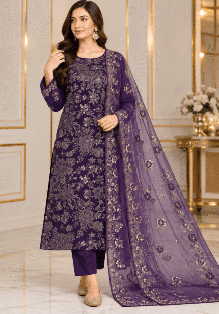 Purple silk embroidered 3 piece unstitched suit with floral embroidery and Chiffon dupatta
