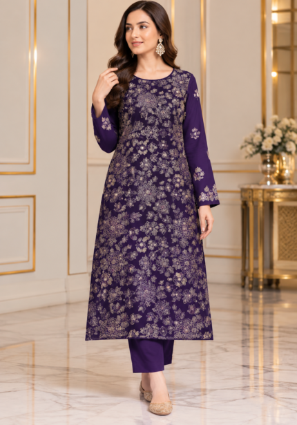 Purple silk floral embroidered unstitched suit with matching sleeves and trouser without dupatta