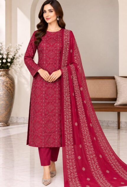 Crinkle Chiffon Embroidered 3 Piece Unstitched Suit