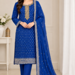 Royal blue embellished grip 3 piece Pakistani suit with embroidered kameez, matching dupatta and plain trouser