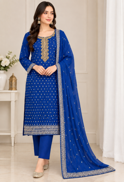 Royal blue embellished grip 3 piece Pakistani suit with embroidered kameez, matching dupatta and plain trouser