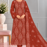 Rust red chiffon handmade embroidered suit with matching dupatta