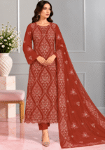 Rust red chiffon handmade embroidered suit with matching dupatta