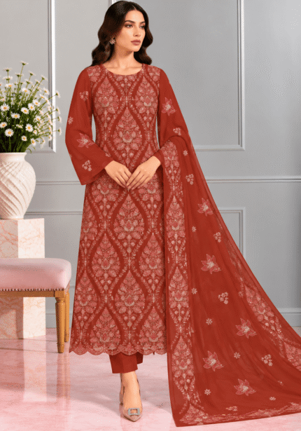 Rust red chiffon handmade embroidered suit with matching dupatta