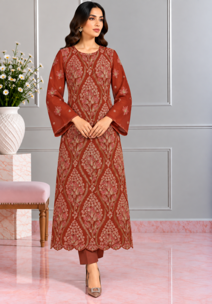 Rust red chiffon handmade embroidered 3 piece suit front pose