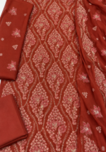 Rust red chiffon unstitched fabric with detailed floral handwork embroidery