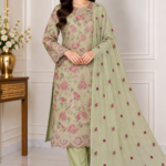 Sage green floral embroidered 3 piece suit with chiffon dupatta and matching trousers