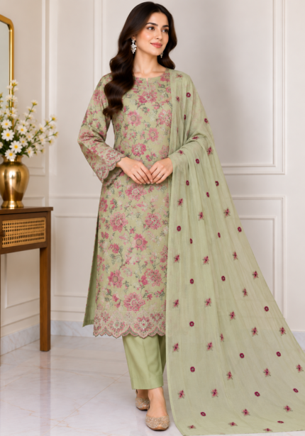 Sage green floral embroidered 3 piece suit with chiffon dupatta and matching trousers