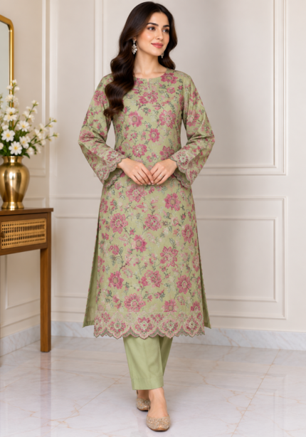 Sage green floral embroidered Pakistani 3 piece suit front view without dupatta