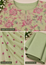 Closeup of sage green embroidered shirt chiffon dupatta and matching trousersCloseup of sage green embroidered shirt chiffon dupatta and matching trousers