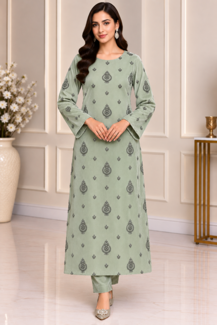 Sage green velvet embroidered shirt and trouser front pose without dupatta