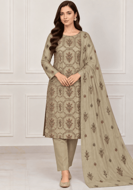 Sage olive silk 3 piece unstitched suit with multicolor floral handwork