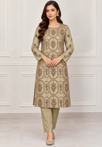 Front view of sage olive silk suit with floral embroidery and handwork