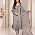 Silver grey silk 3 piece suit with embroidered dupatta front pose