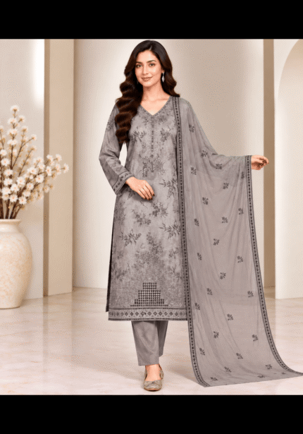 Silver grey silk 3 piece suit with embroidered dupatta front pose