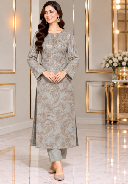 Silver grey silk embroidered 3 piece unstitched suit with all over paisley floral embroidery