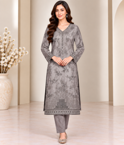 Silver grey silk embroidered 3 piece suit front view without dupatta