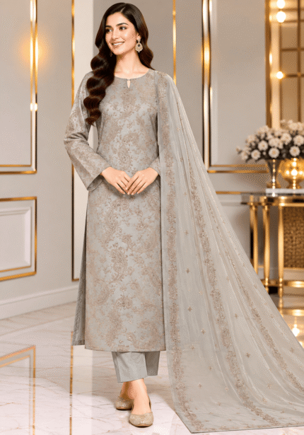 Silver grey silk embroidered suit with matching embroidered chiffon dupatta