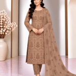 Taupe beige silk handwork 3 piece suit with embroidered chiffon dupatta front pose