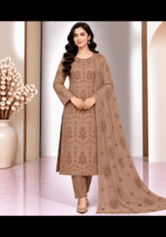 Taupe beige silk handwork 3 piece suit with embroidered chiffon dupatta front pose