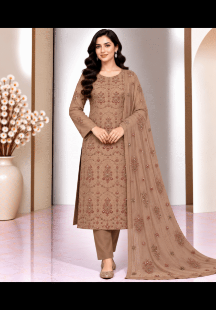 Taupe beige silk handwork 3 piece suit with embroidered chiffon dupatta front pose